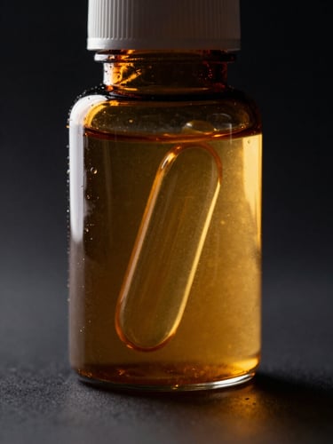 Dramatic low-key studio shot of a raw amber supplement bottle reflecting sharp gold rim light, dark background, ultra-close macro focus.