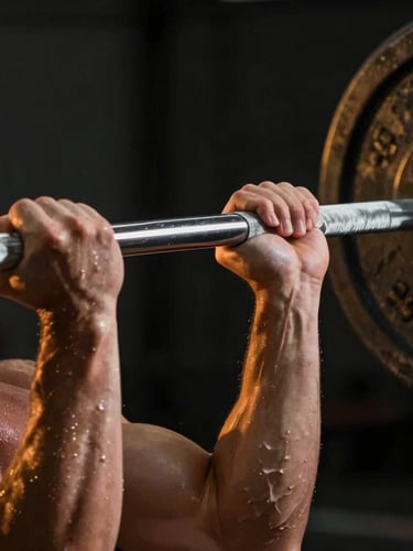 Close-up of a professional athlete's hands gripping a barbell, sweat glistening under dramatic low-key gold rim lighting, dark background
