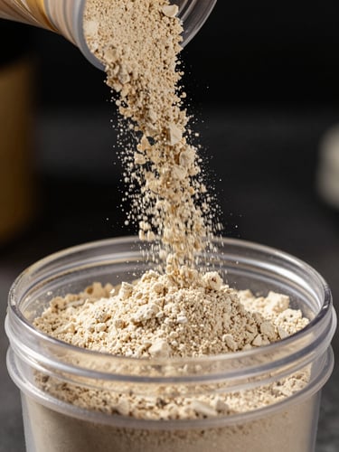 Macro shot of raw supplement powder being poured into a clean shaker cup, high-contrast gold rim lighting, sharp focus on the texture of the powder, dark atmospheric background