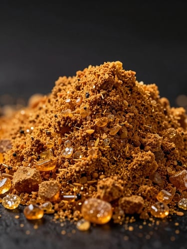 A high-contrast macro shot of raw orange pre-workout powder crystals, dramatic gold rim lighting, deep black background, sharp focus on texture, volumetric lighting.