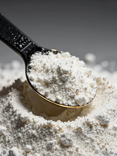 Macro shot of clean white supplement powder being scooped with a precise black measurement tool, dramatic gold rim lighting