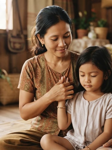 Close-up, medium shot of a Myanmar mother gently guiding her child's hand in a mindful breathing exercise, soft natural daylight, warm earth tones, shallow depth of field, focus on hands and serene expressions.