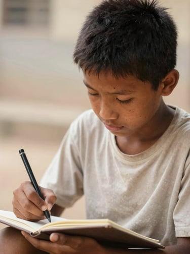 A young Myanmar student drawing in a notebook, focused and calm, with soft natural daylight, shallow depth of field, gentle earth tones.