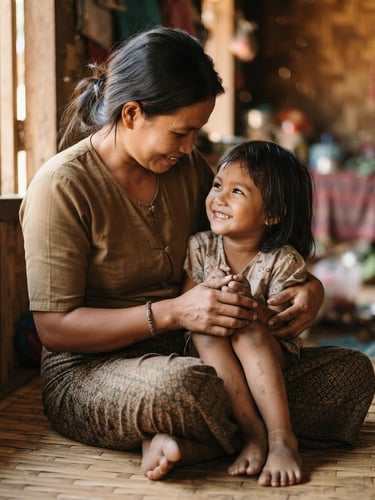 Warm, soft-focus portrait of a Myanmar mother and child sharing a quiet moment, holding hands, natural daylight, soft earth tones, shallow depth of field, child's face visible, mother's hands gently covering child's hands.