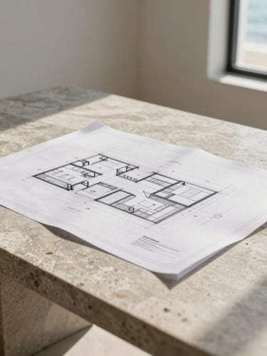 Architectural blueprint on a heavy natural stone table, bright warm coastal daylight filtered through a window, clean concrete texture, 35mm photography