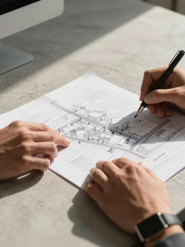 Close-up of professional hands reviewing technical urban planning documents on a concrete desk, deep shadows, warm daylight, 35mm