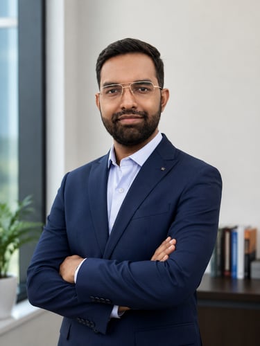 Professional headshot of a bearded man in a navy blue suit and glasses with arms crossed in an office.