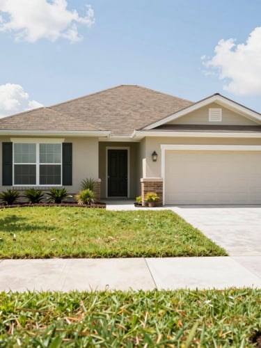 A clean, well-maintained suburban home exterior in Lakeland, Florida, with a manicured lawn under bright natural Florida daylight. Shallow depth of field.