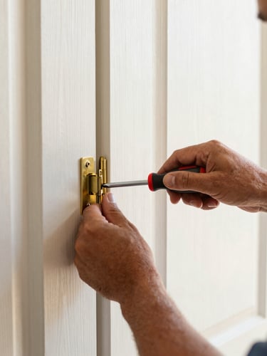 Crisp documentary photography of a professional handyman's hands using a screwdriver to tighten a brass hinge on a clean wooden door, bright natural Florida daylight, warm clean tones, professional shallow depth of field