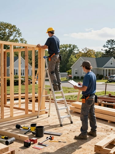 Wide environmental shot of a two-person crew on a residential job site, one worker on a ladder securing framing while another reviews plans on a clipboard, late-morning natural light, lumber and tools organized on the ground below, New England neighborhood visible in the background