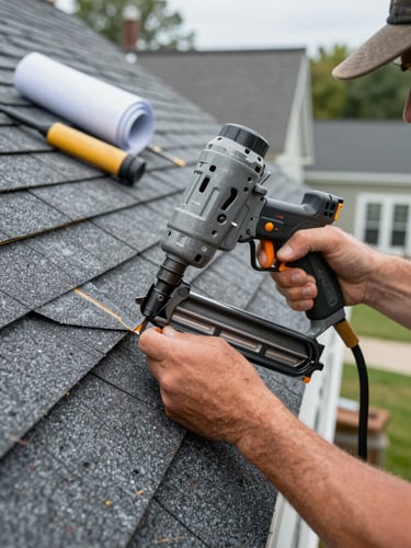 Close-up of a contractor's hands fastening a roof shingle with a nail gun on a Massachusetts home, natural daylight overhead, roofing tools and felt paper visible in the background