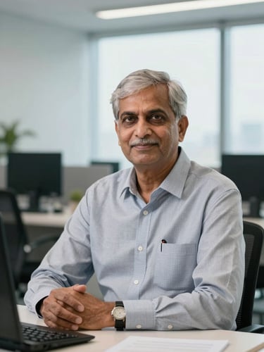 A professional environmental portrait of a senior Indian Chartered Accountant in a bright, modern Gurugram office, neutral tones, 35mm lens
