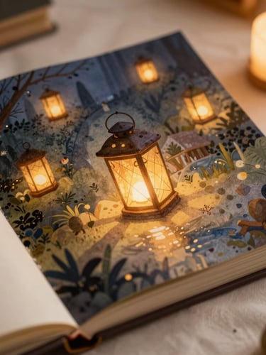 Close-up of a whimsical open watercolor book with glowing lanterns and soft paper textures, warm bedside lighting, cozy storybook illustration style