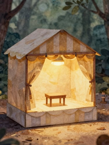 A cozy whimsical illustration of a paper-puppet theater, soft bedside lamp light, warm golden glow, watercolor forest background