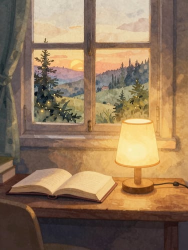 A cozy reading nook with a glowing bedside lamp, soft watercolor landscape visible through a window, warm golden-hour tones