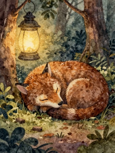 Close-up on a beautifully textured watercolor illustration of a sleeping forest animal under a warm, glowing lantern, soft paper texture