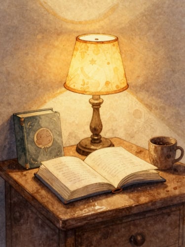 A cozy reading nook illuminated by a soft bedside lamp, warm golden-hour glow, watercolor illustration style.