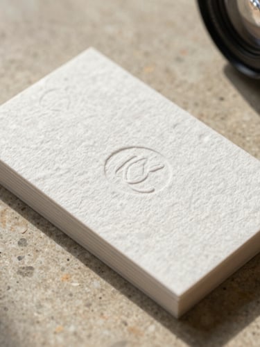 Macro close-up of heavy-textured cotton business cards with deep blind debossing, resting on a warm limestone surface in soft morning light.