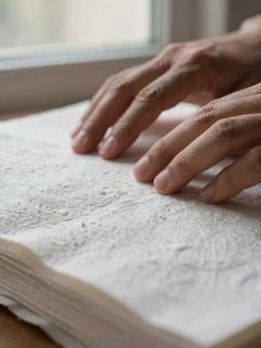 Macro close-up of hands touching heavy textured cotton paper stock under soft morning window light, showing rich paper grain and deckled edges.