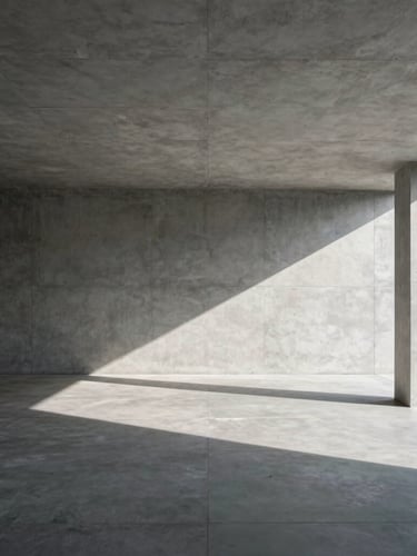 Wide cinematic architectural crop of a minimalist concrete pavilion, sharp directional light casting dramatic linear shadows, 35mm