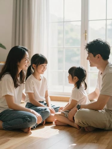 A family sitting on a wooden floor in a bright, naturally lit living room, soft window light, warm editorial photography style