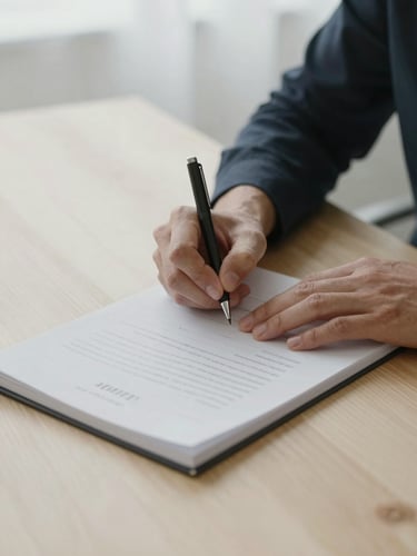 Close-up of hands signing a document on a clean wooden desk, minimalist workspace, natural light, open notebook with neat handwriting