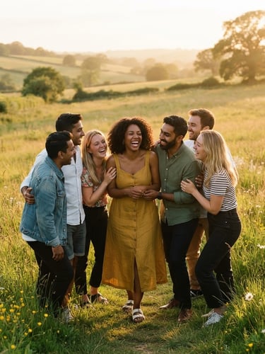 Warm environmental photography of a diverse group of people laughing together in a sun-drenched Berkshire meadow during golden hour, 35mm film aesthetic.