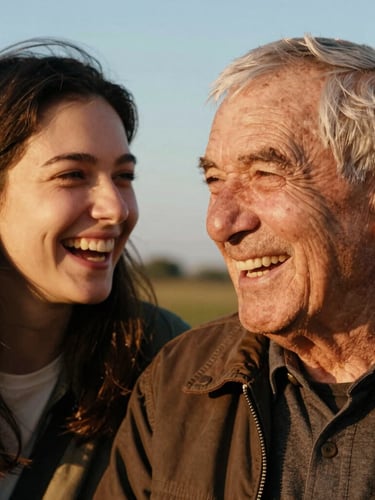 A close-up candid portrait of an elderly man and a young woman laughing together outdoors under warm, golden-hour sunlight, rich organic tones, highly detailed, 35mm film aesthetic.