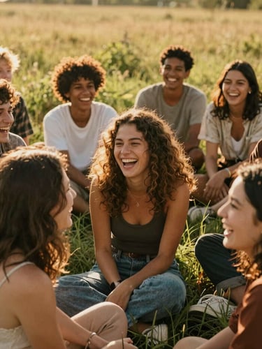 Candid photograph of a diverse group of friends laughing together in a sun-drenched meadow, warm golden-hour light, rich organic tones, 35mm film aesthetic