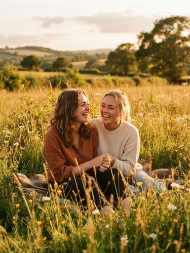 Candid environmental portrait of two friends laughing together in a sun-drenched Berkshire meadow during golden hour, warm 35mm film aesthetic.