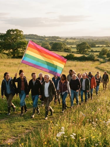 A wide-angle candid photograph of a diverse group of people walking together through a sun-drenched Berkshire meadow at golden hour, carrying a large original eight-stripe rainbow flag catching the natural wind, 35mm film aesthetic.