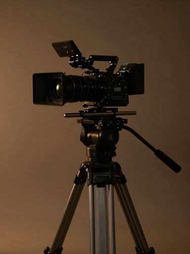 Cinematic studio photography of a professional camera rig on a heavy tripod, moody low-key lighting with subtle amber backlights, deep shadows, anamorphic lens, 35mm