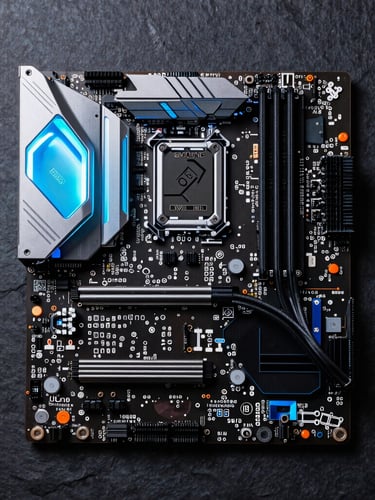 Overhead flat-lay of a custom liquid-cooled PC motherboard on a dark slate workbench, glowing neon blue RGB accents, sharp macro details of clean cable routing.