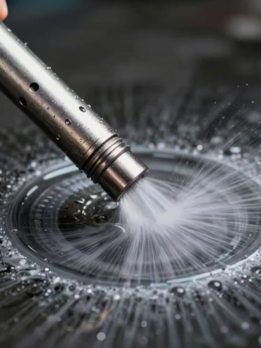 Close-up of high-pressure hydro-jetting steel nozzle spraying water in a clean circular pattern, sharp focus, metallic reflections, dark background.