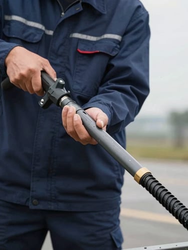 Direct eye-level action shot of a professional technician in a clean navy uniform operating a high-tech drain snake, sharp realistic lighting, clear water droplets visible, professional utility setting.