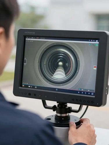 Close-up of a high-tech video inspection monitor displaying a clean pipe interior, held by a technician in a clean navy blue uniform, sharp realistic lighting, outdoor daytime background.