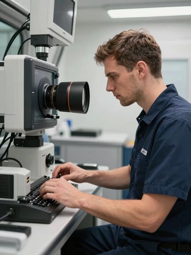 Direct eye-level shot of a professional technician in a clean navy uniform operating high-tech diagnostic equipment inside a service vehicle, sharp realistic lighting.