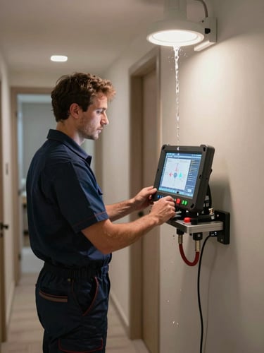 A professional plumbing technician in a clean navy blue uniform operating a high-tech diagnostic screen inside a residential hallway at night. Sharp, high-contrast lighting from work lamps, clean water flowing freely, highly detailed utility equipment, realistic and professional atmosphere.