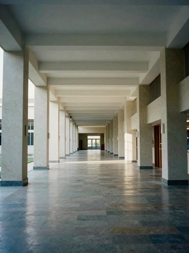 Wide architectural interior of a contemporary school corridor, symmetrical geometry of columns and ceiling coffers, polished stone floor reflecting cool north light, empty and precise, no people