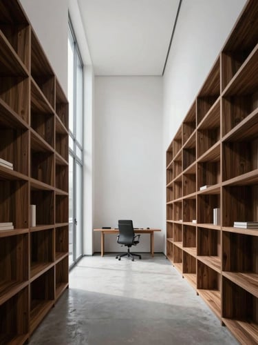 Wide-angle interior of a minimalist office workspace, architectural joinery of dark wood shelving against a white plaster wall, cool north light from a tall window, no people, emphasis on material precision and spatial geometry