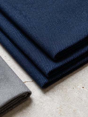 Close-up overhead composition of folded deep-weave fabric swatches arranged on a pale stone surface, studio north light, emphasizing texture and material grain with no human presence