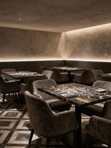 Wide shot of a restaurant interior at off-hours—empty chairs tucked neatly under dark marble-top tables, recessed cool lighting emphasising surface texture and spatial depth, geometric floor pattern visible, no people, no warm ambient glow