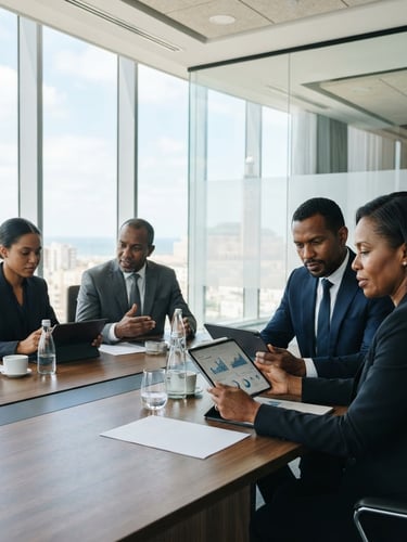 Editorial medium-wide shot of African financial executives in a modern Casablanca boardroom reviewing data on tablets, bright natural light, shallow depth of field, 35mm