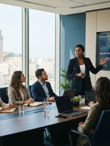 Corporate editorial photography of a modern boardroom in Casablanca, an African female financial executive presenting data on a screen to colleagues, bright natural architectural light, shallow depth of field, 35mm.