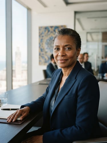 A close-up portrait of a senior African financial executive in a modern Casablanca boardroom, bright natural architectural light, sophisticated blue tones, shallow depth of field, 35mm corporate editorial photography.