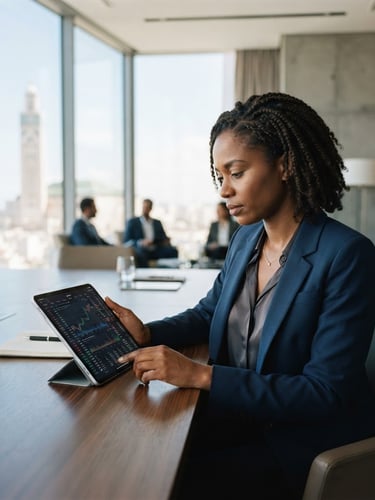 Medium-wide editorial shot of an African financial executive analyzing data on a tablet in a modern Casablanca boardroom, bright natural architectural light, shallow depth of field, 35mm