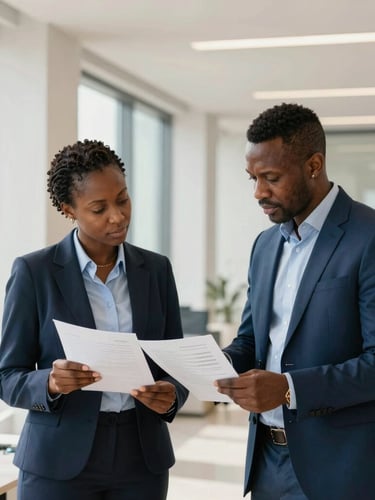 Editorial medium-wide shot of two African financial professionals analyzing regulatory documents in a sunlit Casablanca office, professional studio lighting, sophisticated blue tones, 35mm.