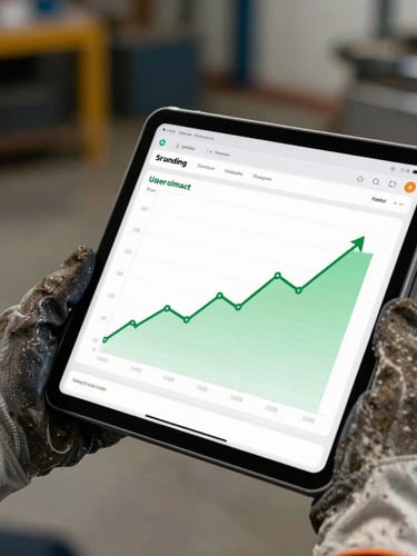 Close-up of a rugged industrial tablet displaying a clean marketing dashboard with rising green line charts, held by hands wearing work gloves in a workshop.
