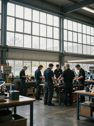 Wide environmental shot of a busy engineering workshop in Burton-on-Trent, natural overcast daylight pouring through high windows, team members collaborating in the background.