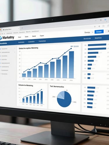 Macro shot of a high-contrast digital marketing dashboard on a monitor in a clean office, displaying positive growth charts and inquiry metrics under natural overcast daylight